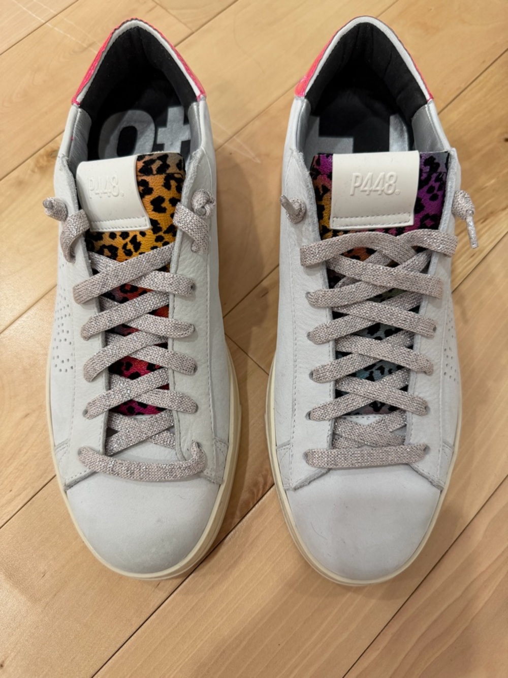 P448 White Leather Low-Top Sneakers with Multicolor Leopard Tongues